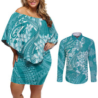 Teal Polynesia Hammerhead Shark Tattoo With Plumeria Lei Couples Matching Off Shoulder Short Dress and Long Sleeve Button Shirt