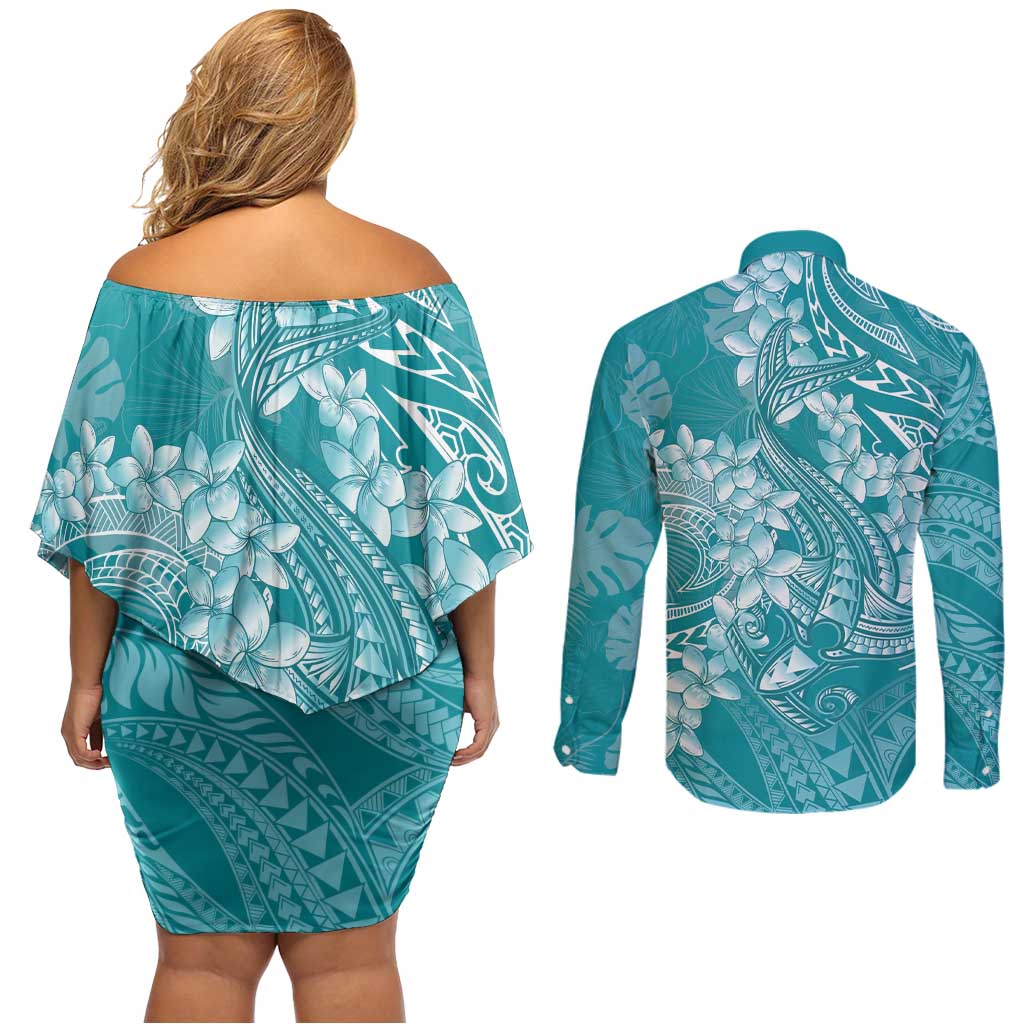 Teal Polynesia Hammerhead Shark Tattoo With Plumeria Lei Couples Matching Off Shoulder Short Dress and Long Sleeve Button Shirt