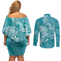 Teal Polynesia Hammerhead Shark Tattoo With Plumeria Lei Couples Matching Off Shoulder Short Dress and Long Sleeve Button Shirt
