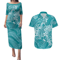 Teal Polynesia Hammerhead Shark Tattoo With Plumeria Lei Couples Matching Puletasi and Hawaiian Shirt LT14 Teal - Polynesian Pride