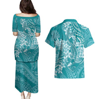 Teal Polynesia Hammerhead Shark Tattoo With Plumeria Lei Couples Matching Puletasi and Hawaiian Shirt LT14 - Polynesian Pride