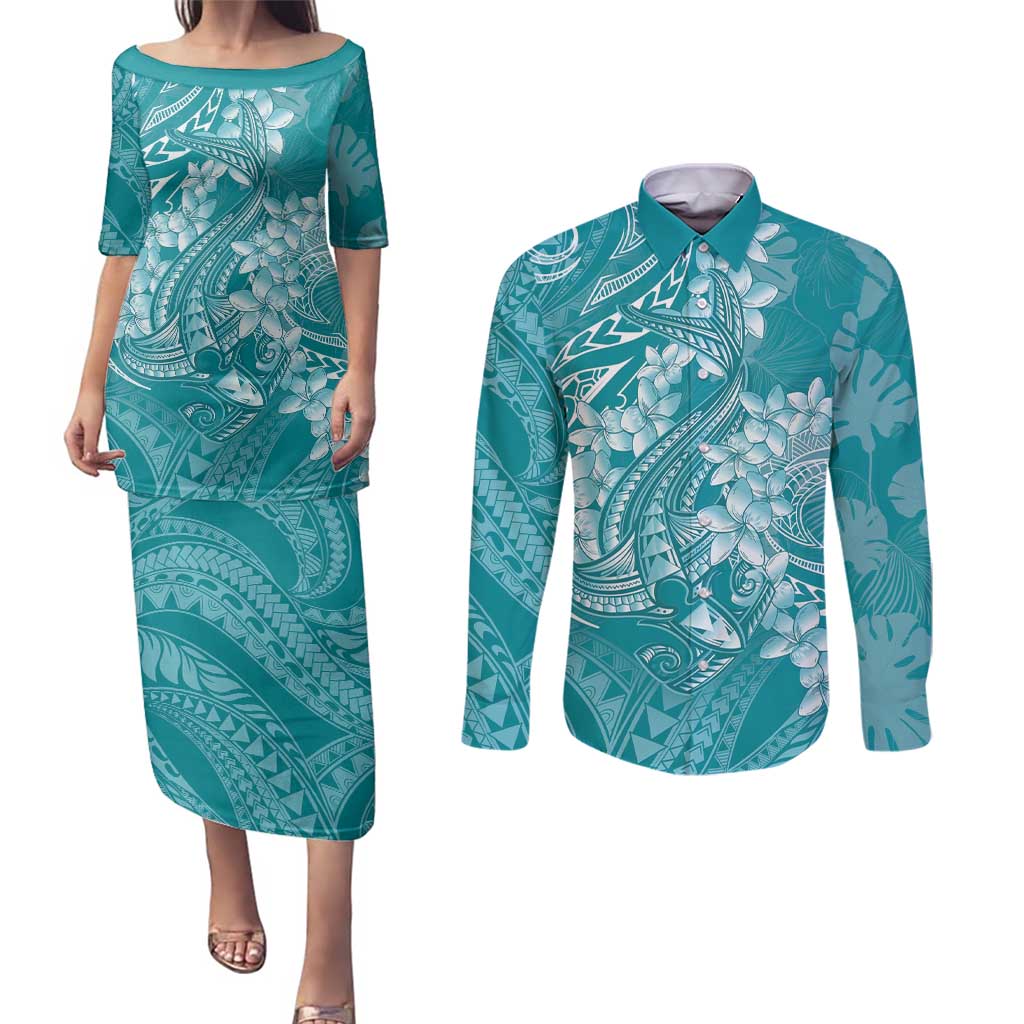 Teal Polynesia Hammerhead Shark Tattoo With Plumeria Lei Couples Matching Puletasi and Long Sleeve Button Shirt LT14 Teal - Polynesian Pride