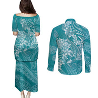 Teal Polynesia Hammerhead Shark Tattoo With Plumeria Lei Couples Matching Puletasi and Long Sleeve Button Shirt LT14 - Polynesian Pride