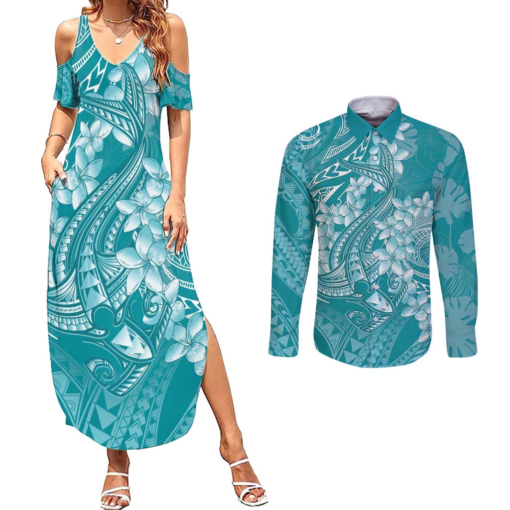 Teal Polynesia Hammerhead Shark Tattoo With Plumeria Lei Couples Matching Summer Maxi Dress and Long Sleeve Button Shirt LT14 Teal - Polynesian Pride