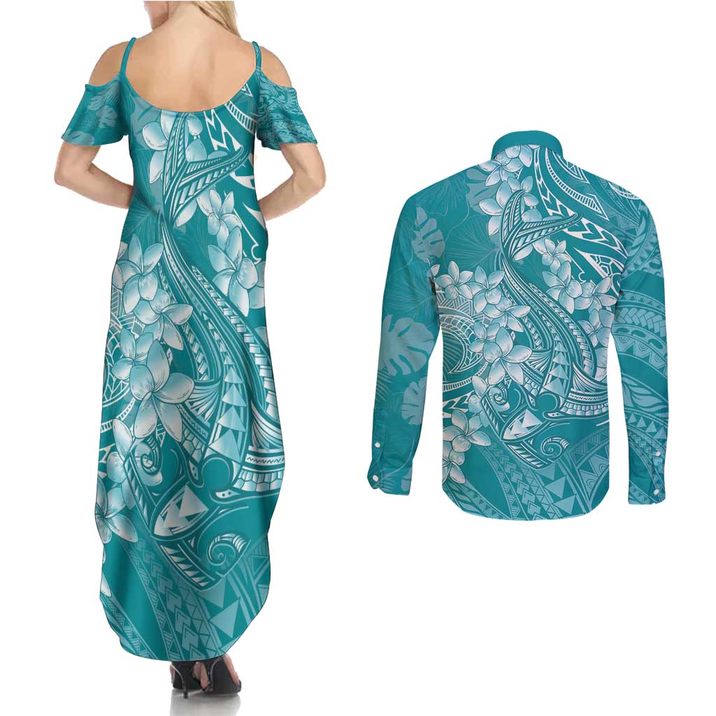 Teal Polynesia Hammerhead Shark Tattoo With Plumeria Lei Couples Matching Summer Maxi Dress and Long Sleeve Button Shirt LT14 - Polynesian Pride