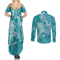 Teal Polynesia Hammerhead Shark Tattoo With Plumeria Lei Couples Matching Summer Maxi Dress and Long Sleeve Button Shirt LT14 - Polynesian Pride
