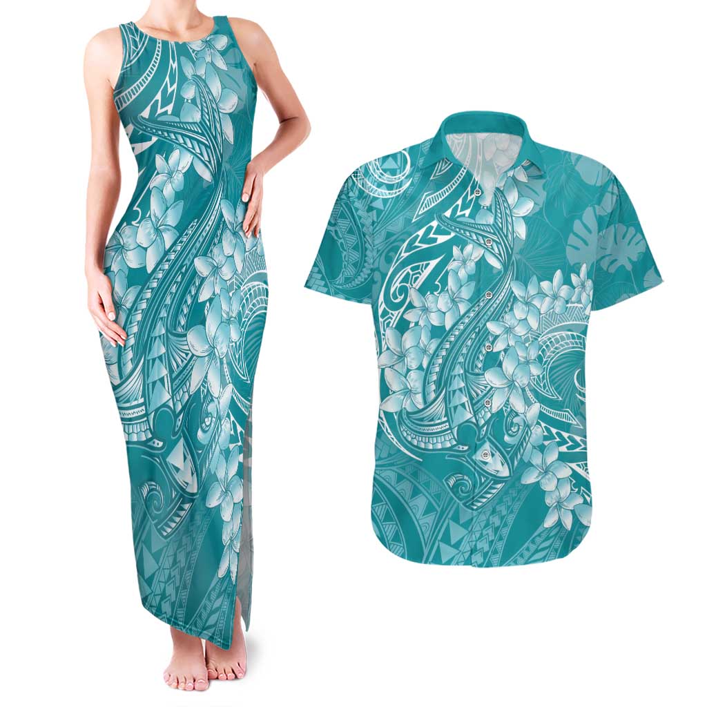 Teal Polynesia Hammerhead Shark Tattoo With Plumeria Lei Couples Matching Tank Maxi Dress and Hawaiian Shirt LT14 Teal - Polynesian Pride