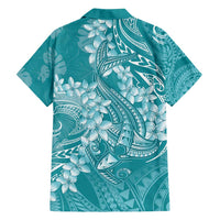 Teal Polynesia Hammerhead Shark Tattoo With Plumeria Lei Family Matching Long Sleeve Bodycon Dress and Hawaiian Shirt