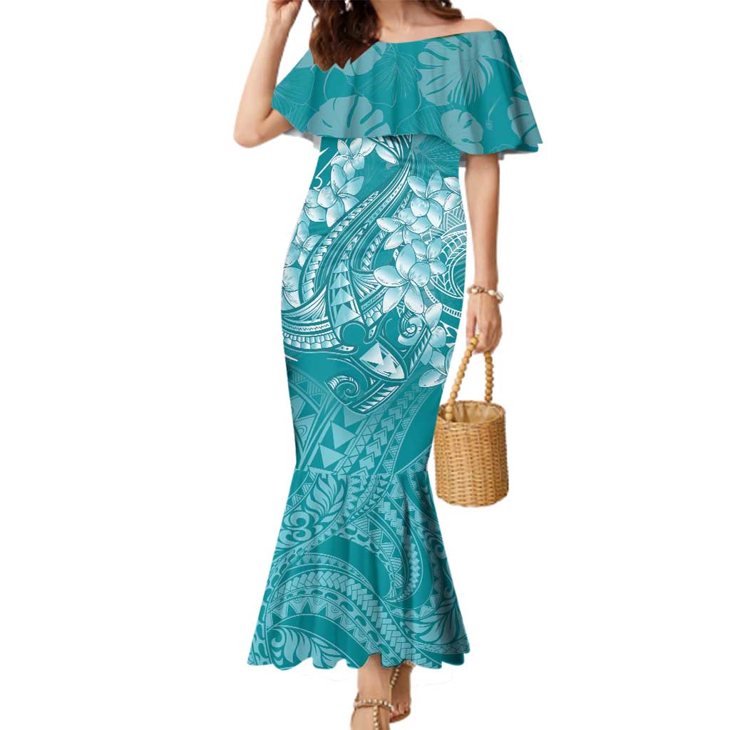 Teal Polynesia Hammerhead Shark Tattoo With Plumeria Lei Family Matching Mermaid Dress and Hawaiian Shirt