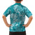 Teal Polynesia Hammerhead Shark Tattoo With Plumeria Lei Family Matching Off The Shoulder Long Sleeve Dress and Hawaiian Shirt