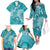 Teal Polynesia Hammerhead Shark Tattoo With Plumeria Lei Family Matching Off The Shoulder Long Sleeve Dress and Hawaiian Shirt