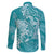 Teal Polynesia Hammerhead Shark Tattoo With Plumeria Lei Family Matching Off The Shoulder Long Sleeve Dress and Hawaiian Shirt