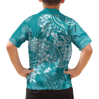 Teal Polynesia Hammerhead Shark Tattoo With Plumeria Lei Family Matching Off Shoulder Maxi Dress and Hawaiian Shirt