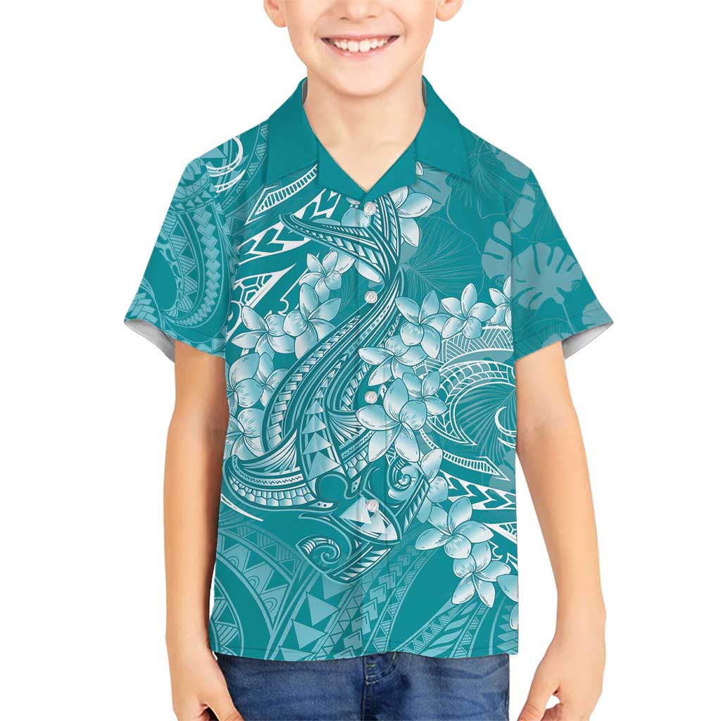 Teal Polynesia Hammerhead Shark Tattoo With Plumeria Lei Family Matching Off Shoulder Maxi Dress and Hawaiian Shirt
