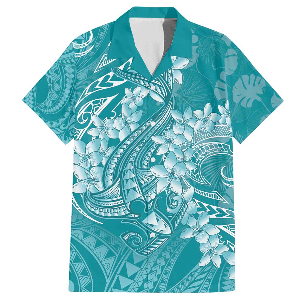 Teal Polynesia Hammerhead Shark Tattoo With Plumeria Lei Family Matching Puletasi and Hawaiian Shirt