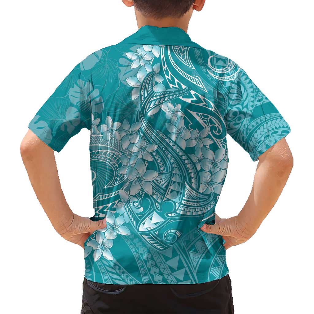 Teal Polynesia Hammerhead Shark Tattoo With Plumeria Lei Family Matching Short Sleeve Bodycon Dress and Hawaiian Shirt
