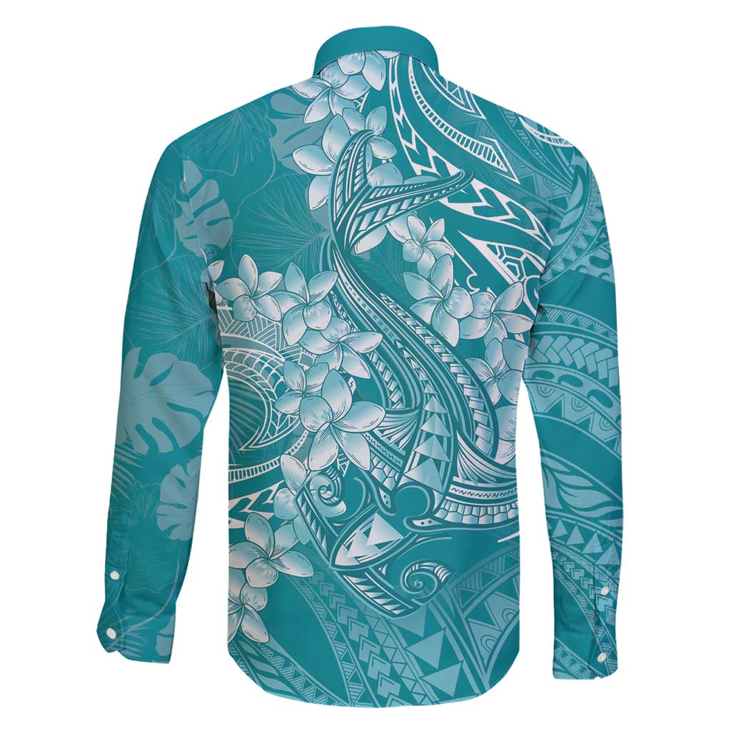 Teal Polynesia Hammerhead Shark Tattoo With Plumeria Lei Family Matching Short Sleeve Bodycon Dress and Hawaiian Shirt