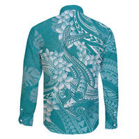 Teal Polynesia Hammerhead Shark Tattoo With Plumeria Lei Family Matching Short Sleeve Bodycon Dress and Hawaiian Shirt