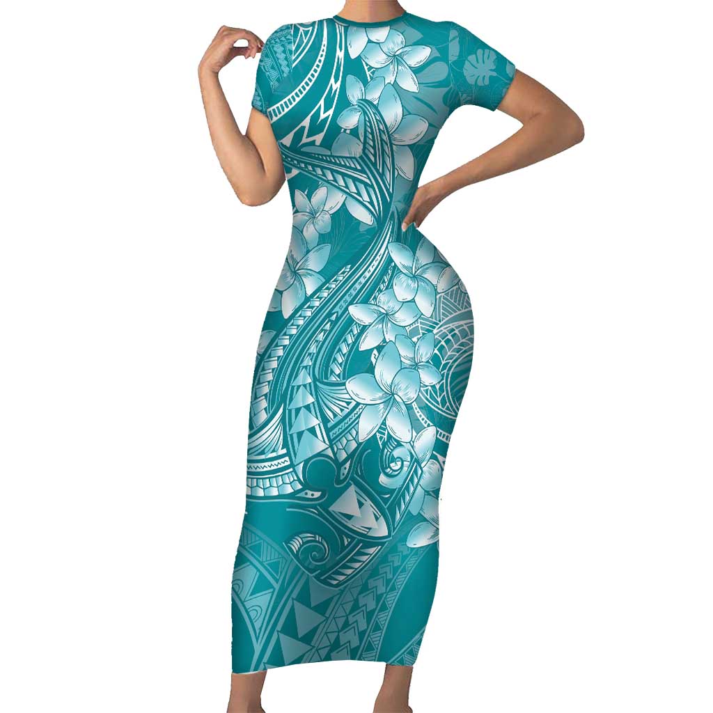 Teal Polynesia Hammerhead Shark Tattoo With Plumeria Lei Family Matching Short Sleeve Bodycon Dress and Hawaiian Shirt