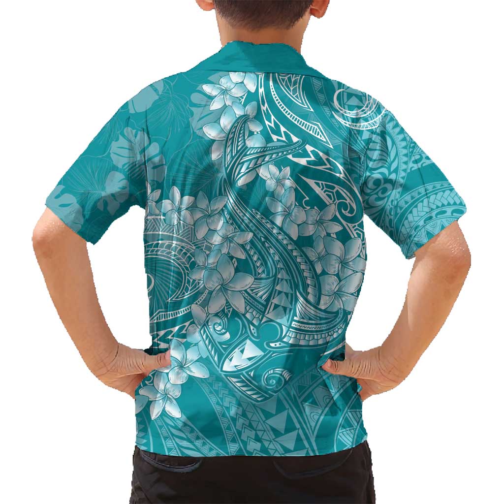 Teal Polynesia Hammerhead Shark Tattoo With Plumeria Lei Family Matching Summer Maxi Dress and Hawaiian Shirt