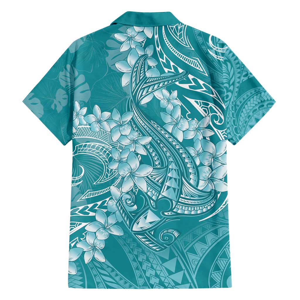 Teal Polynesia Hammerhead Shark Tattoo With Plumeria Lei Family Matching Summer Maxi Dress and Hawaiian Shirt