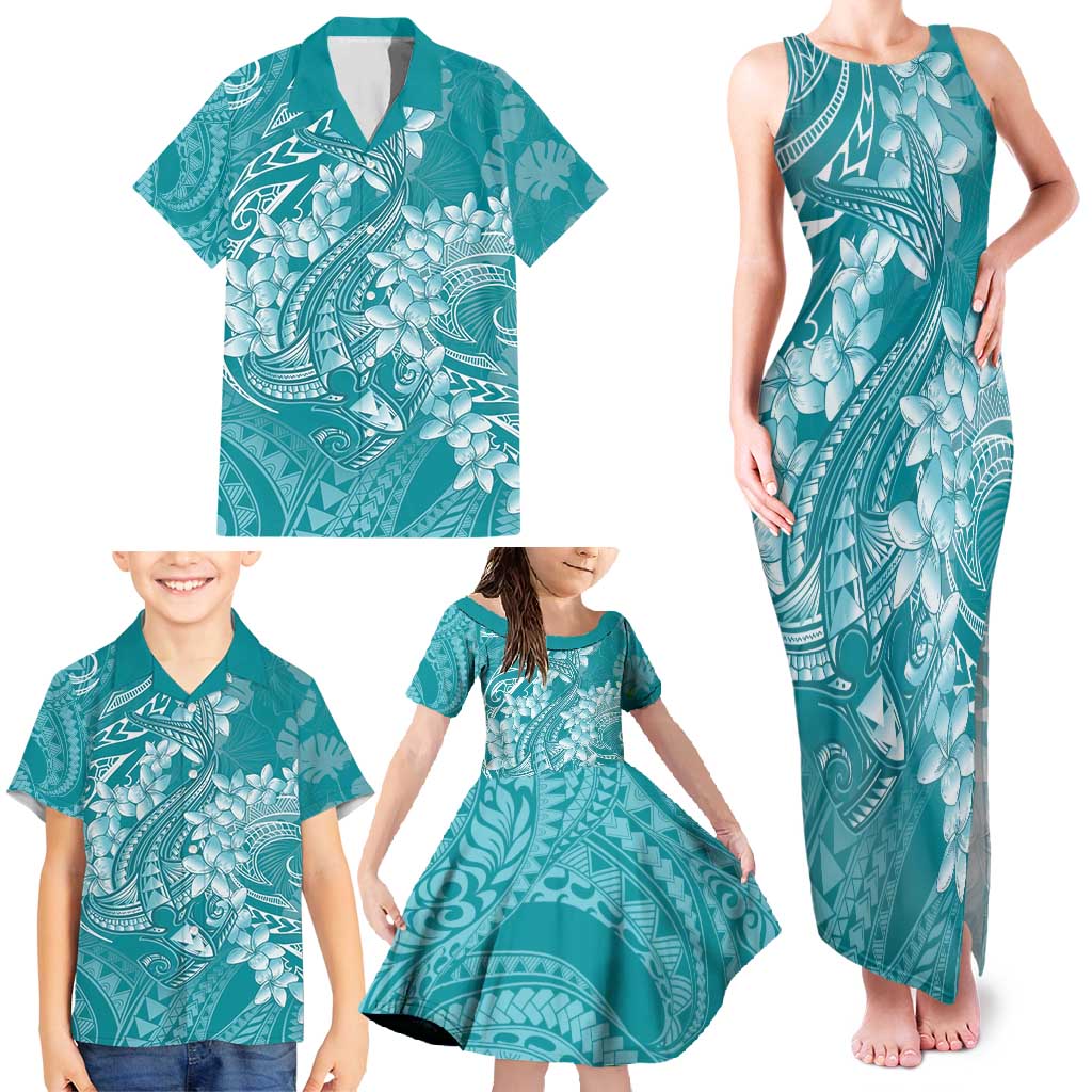 Teal Polynesia Hammerhead Shark Tattoo With Plumeria Lei Family Matching Tank Maxi Dress and Hawaiian Shirt