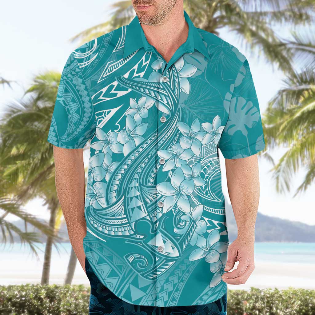 Teal Polynesia Hammerhead Shark Tattoo With Plumeria Lei Hawaiian Shirt LT14 - Polynesian Pride