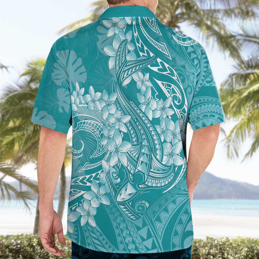 Teal Polynesia Hammerhead Shark Tattoo With Plumeria Lei Hawaiian Shirt LT14 - Polynesian Pride