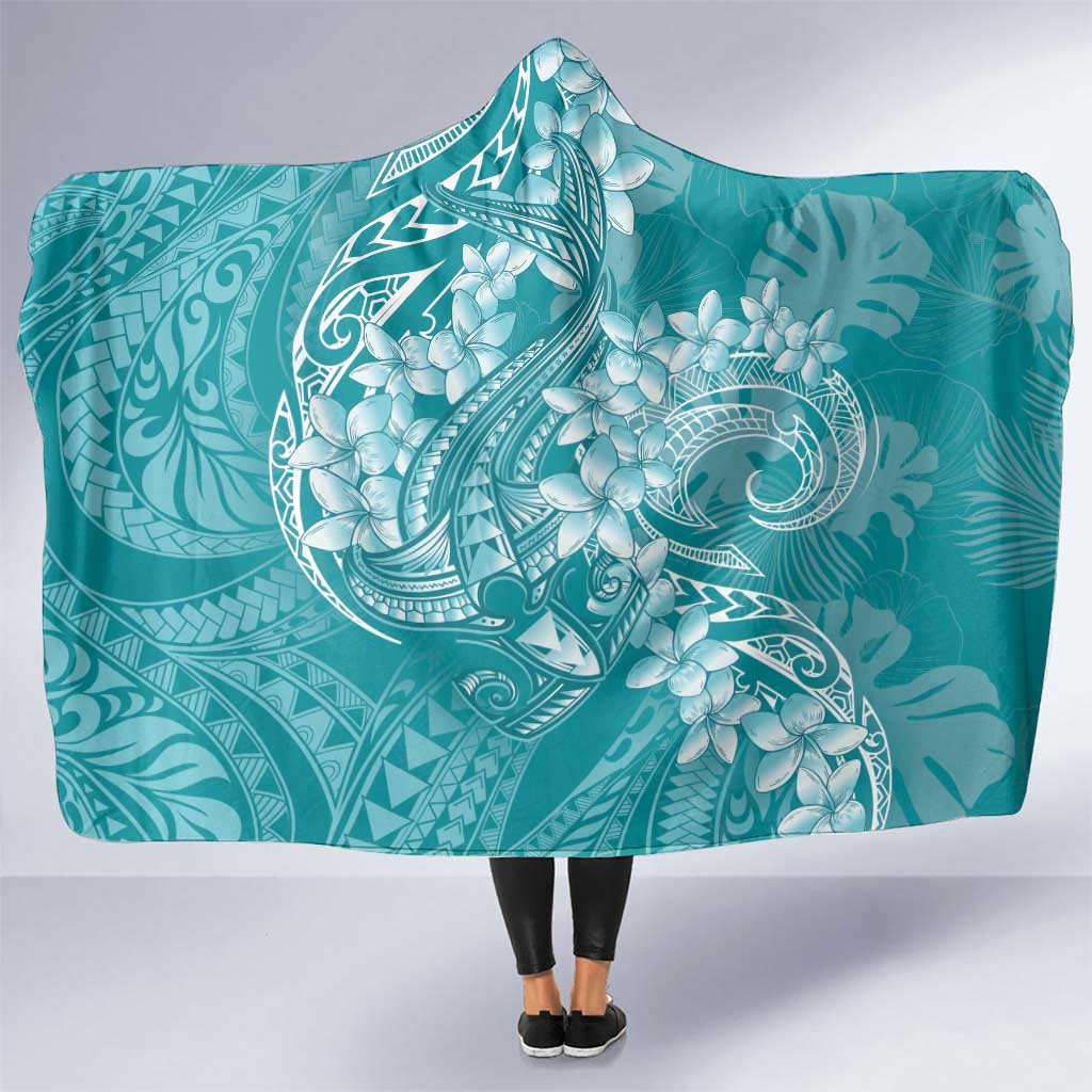 Teal Polynesia Hammerhead Shark Tattoo With Plumeria Lei Hooded Blanket LT14 One Size Teal - Polynesian Pride