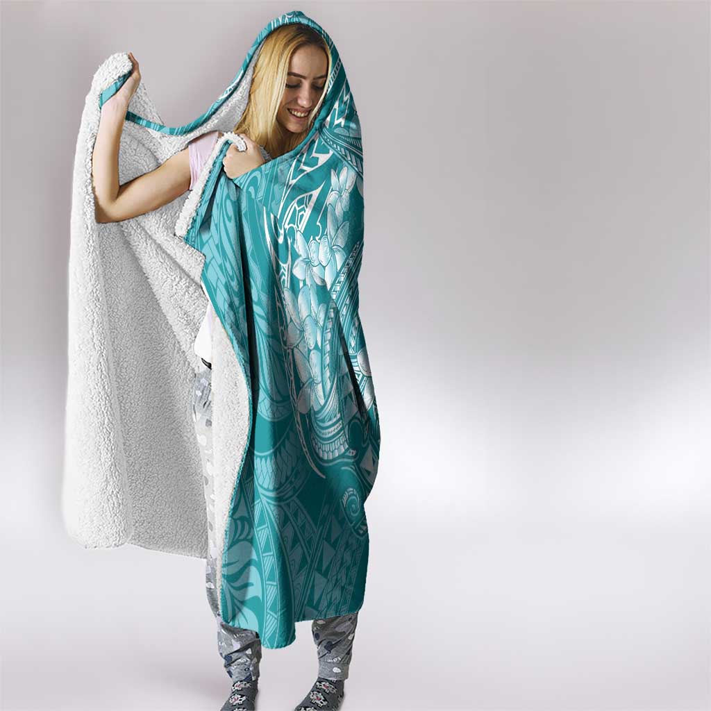 Teal Polynesia Hammerhead Shark Tattoo With Plumeria Lei Hooded Blanket
