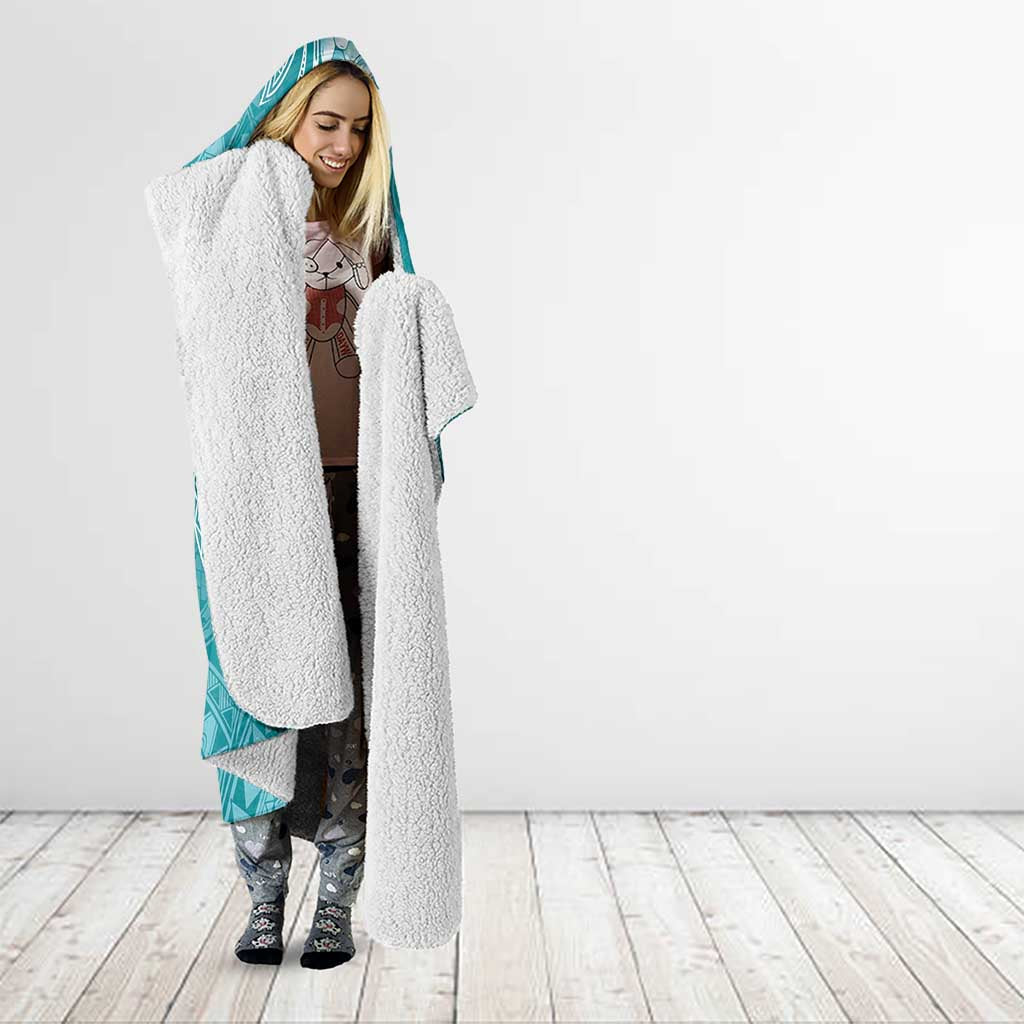 Teal Polynesia Hammerhead Shark Tattoo With Plumeria Lei Hooded Blanket
