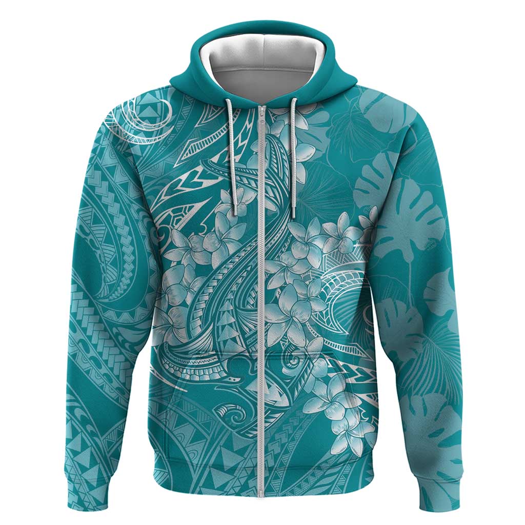 Teal Polynesia Hammerhead Shark Tattoo With Plumeria Lei Hoodie