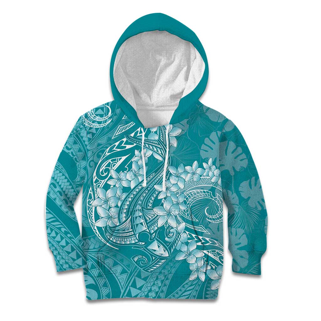 Teal Polynesia Hammerhead Shark Tattoo With Plumeria Lei Kid Hoodie