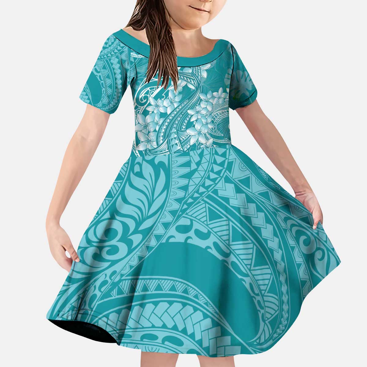Teal Polynesia Hammerhead Shark Tattoo With Plumeria Lei Kid Short Sleeve Dress
