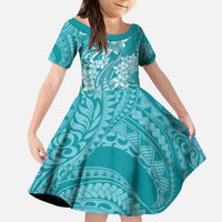 Teal Polynesia Hammerhead Shark Tattoo With Plumeria Lei Kid Short Sleeve Dress