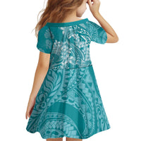 Teal Polynesia Hammerhead Shark Tattoo With Plumeria Lei Kid Short Sleeve Dress