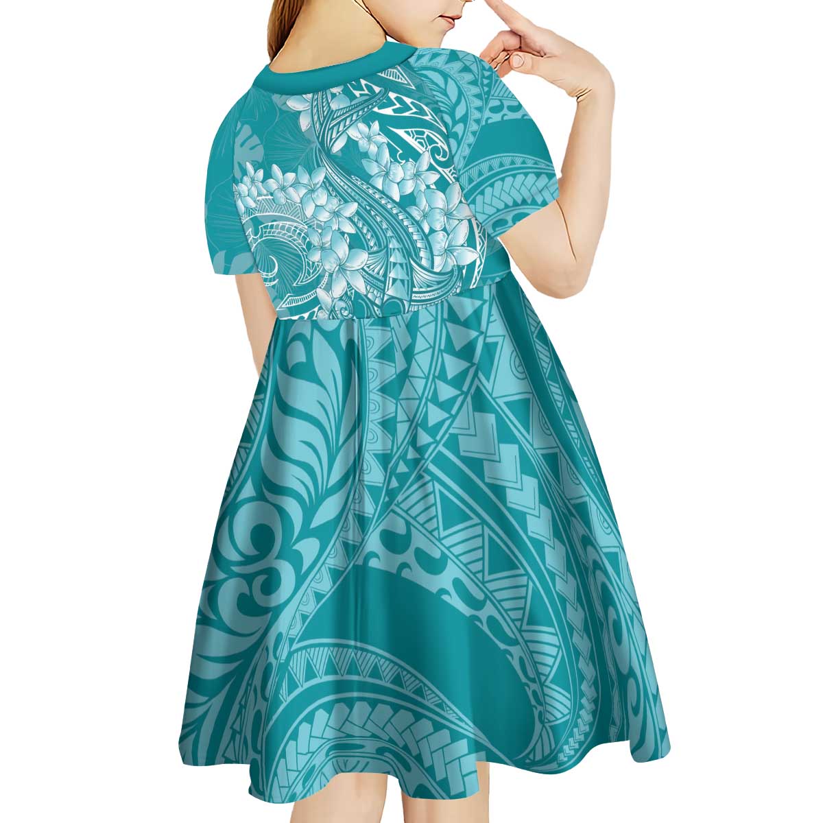 Teal Polynesia Hammerhead Shark Tattoo With Plumeria Lei Kid Short Sleeve Dress