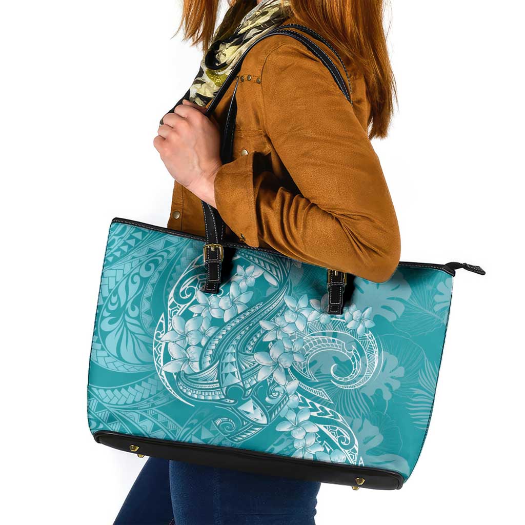 Teal Polynesia Hammerhead Shark Tattoo With Plumeria Lei Leather Tote Bag
