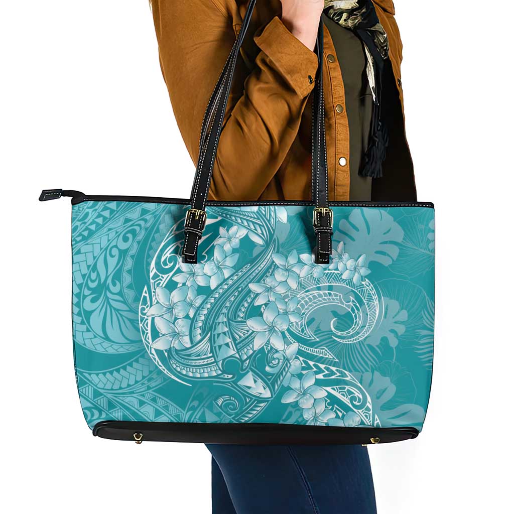 Teal Polynesia Hammerhead Shark Tattoo With Plumeria Lei Leather Tote Bag