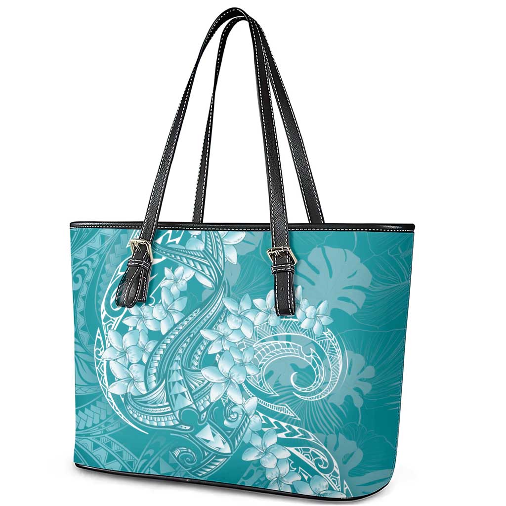 Teal Polynesia Hammerhead Shark Tattoo With Plumeria Lei Leather Tote Bag