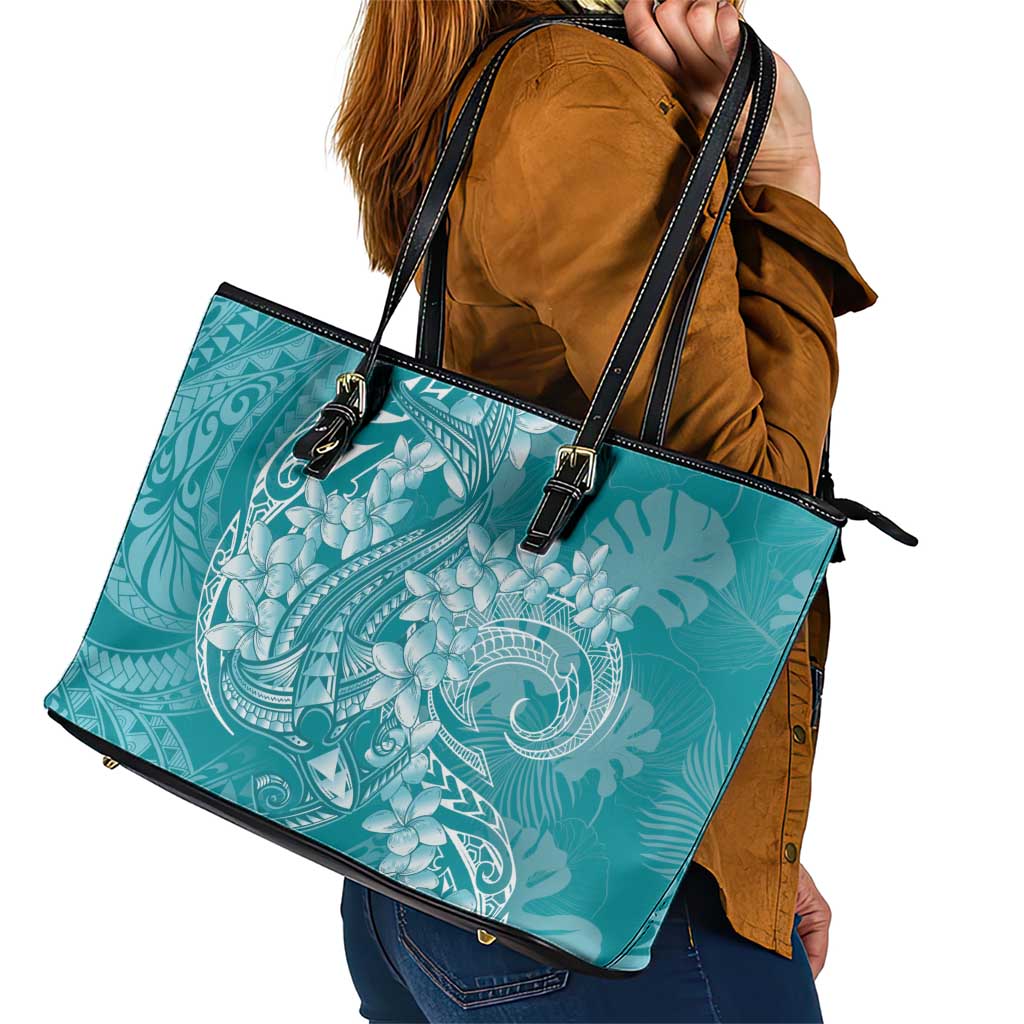 Teal Polynesia Hammerhead Shark Tattoo With Plumeria Lei Leather Tote Bag
