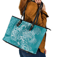 Teal Polynesia Hammerhead Shark Tattoo With Plumeria Lei Leather Tote Bag