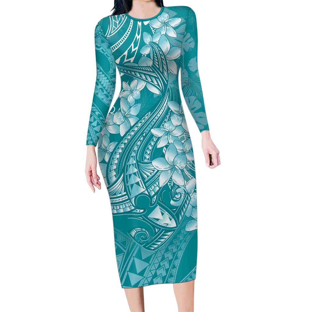 Teal Polynesia Hammerhead Shark Tattoo With Plumeria Lei Long Sleeve Bodycon Dress