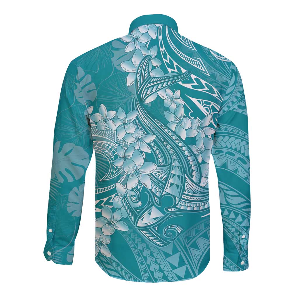 Teal Polynesia Hammerhead Shark Tattoo With Plumeria Lei Long Sleeve Button Shirt LT14 - Polynesian Pride