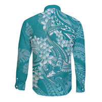 Teal Polynesia Hammerhead Shark Tattoo With Plumeria Lei Long Sleeve Button Shirt LT14 - Polynesian Pride