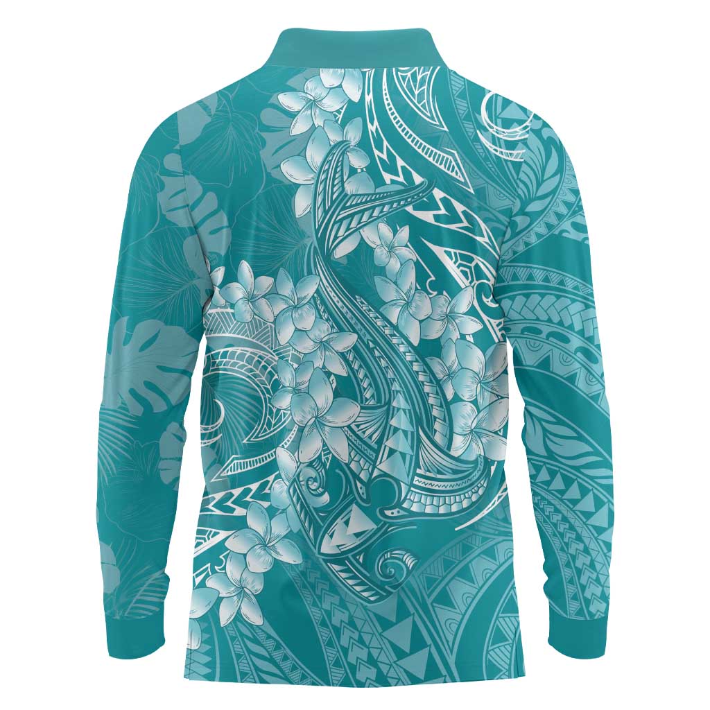 Teal Polynesia Hammerhead Shark Tattoo With Plumeria Lei Long Sleeve Polo Shirt