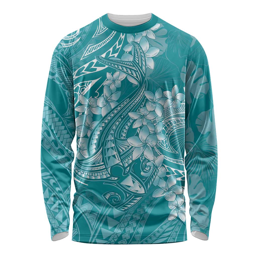Teal Polynesia Hammerhead Shark Tattoo With Plumeria Lei Long Sleeve Shirt LT14 Unisex Teal - Polynesian Pride