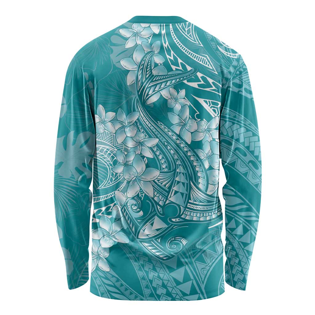 Teal Polynesia Hammerhead Shark Tattoo With Plumeria Lei Long Sleeve Shirt LT14 - Polynesian Pride