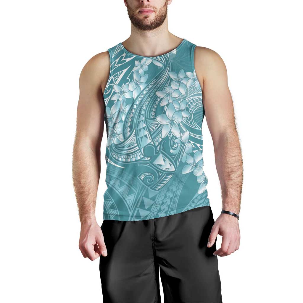 Teal Polynesia Hammerhead Shark Tattoo With Plumeria Lei Men Tank Top LT14 - Polynesian Pride
