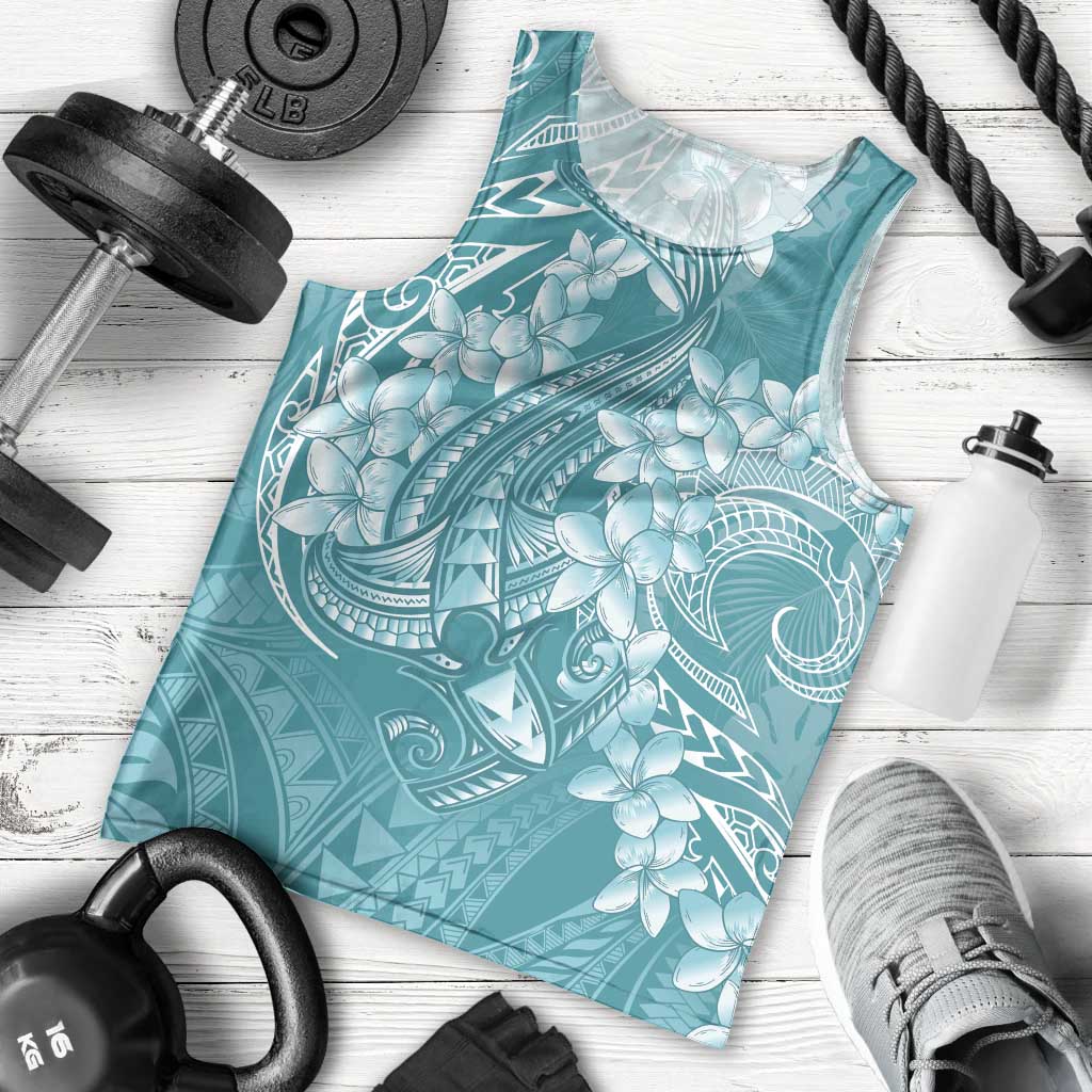 Teal Polynesia Hammerhead Shark Tattoo With Plumeria Lei Men Tank Top LT14 - Polynesian Pride